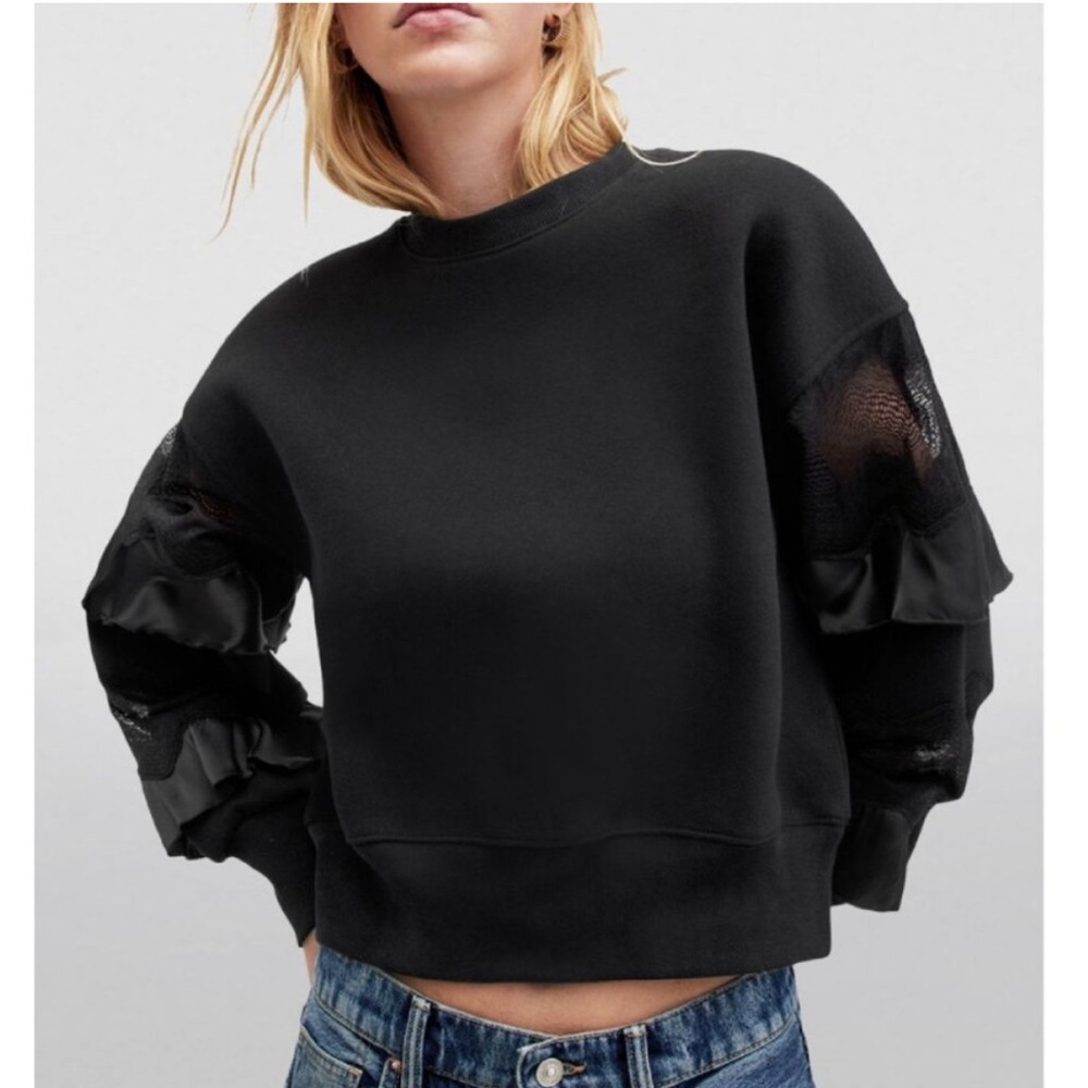 All Saints Black Ruffle Sleeve Sweatshirt